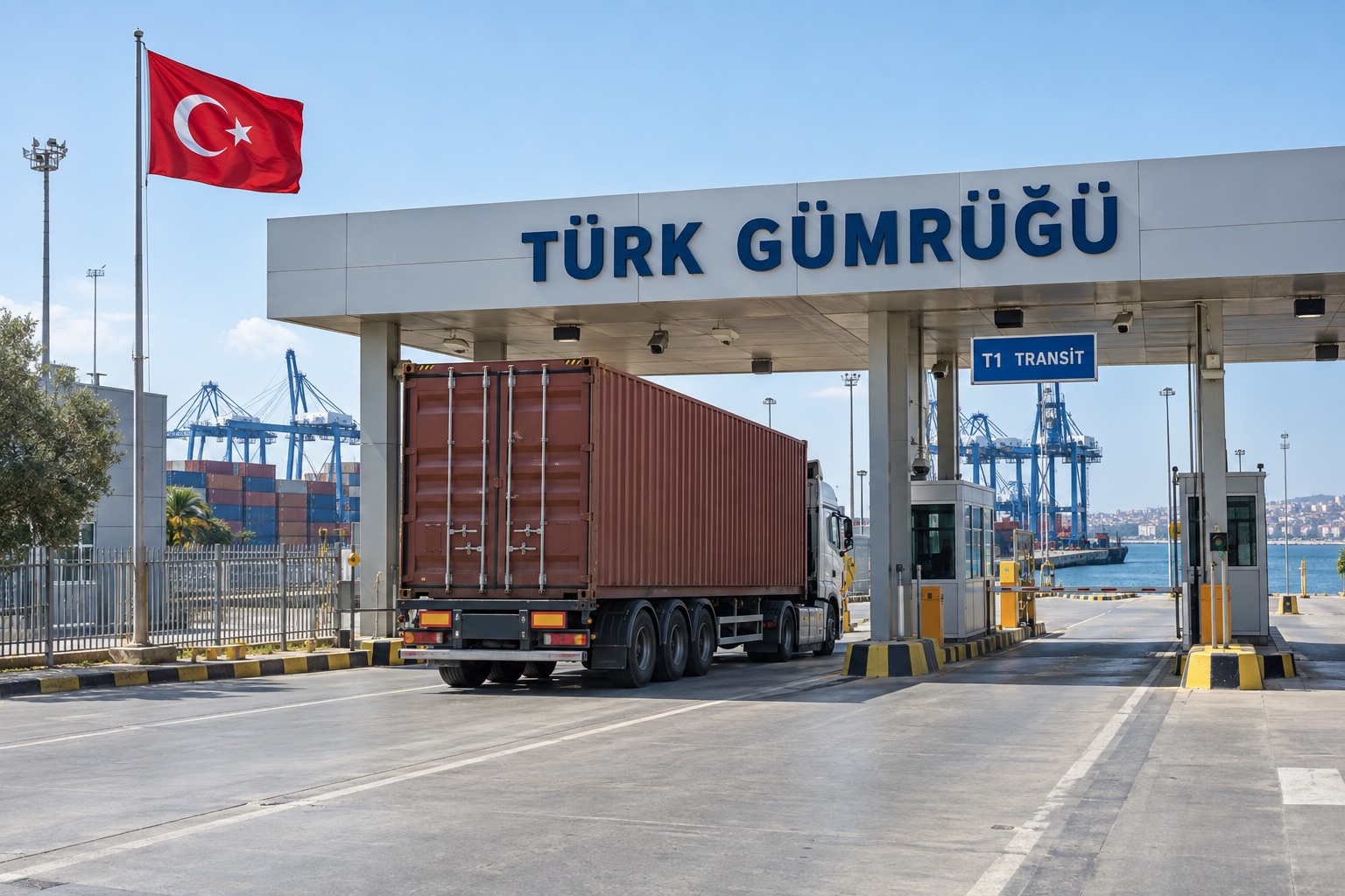Container truck at Türk Gümrüğü for transit cargo via Türkiye