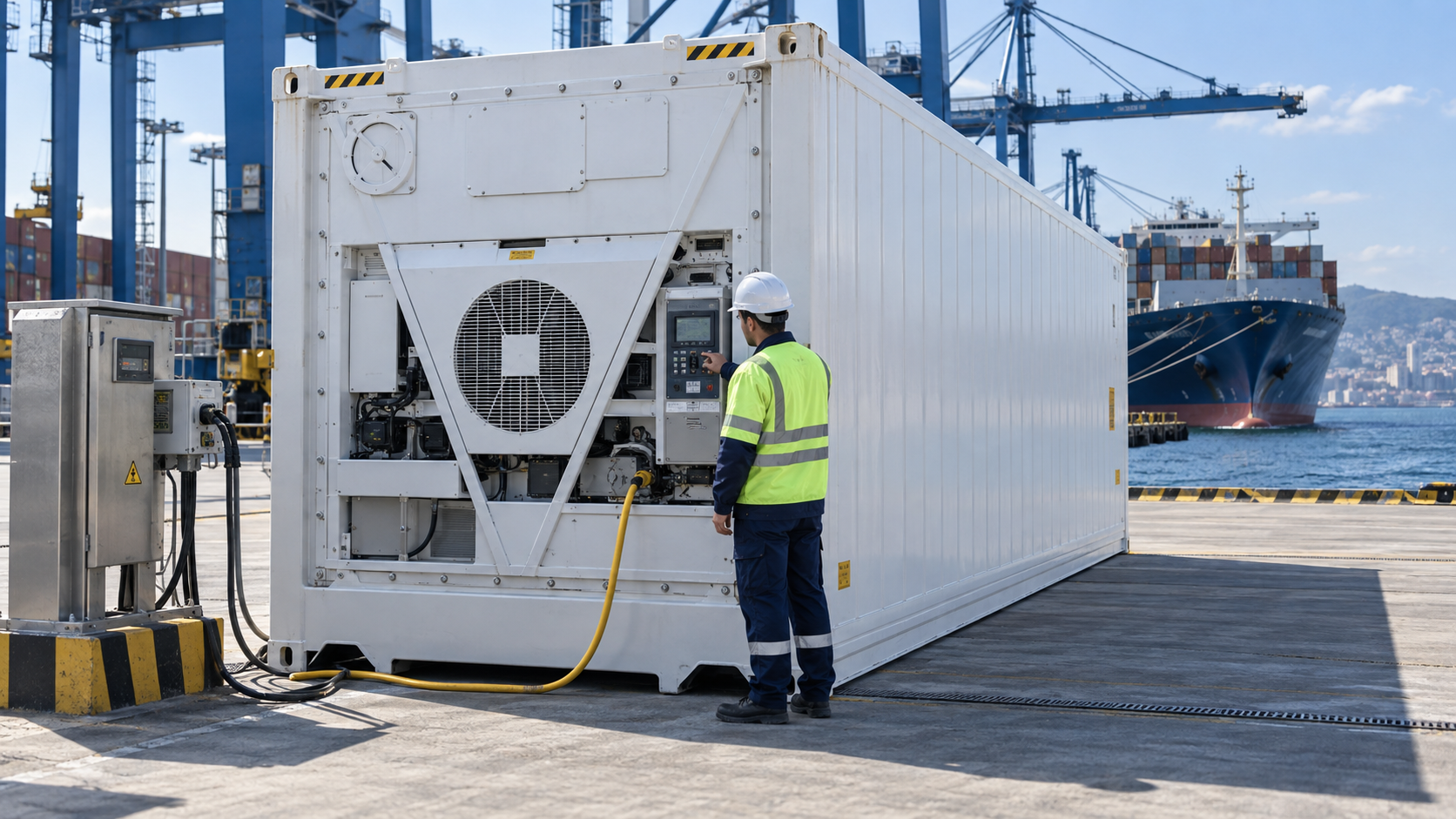 Reefer container connected to terminal power while its temperature control unit is checked at a Turkish port